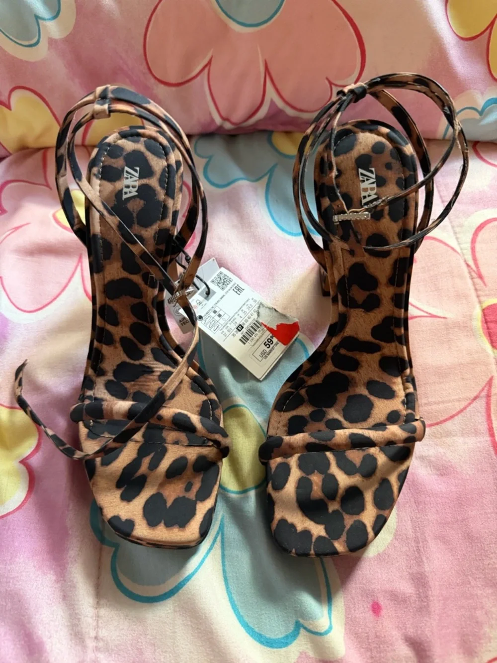 ZARA Leopard-Print Ankle-Tie Heeled Sandals - Brown/Black - Picture 1 of 7